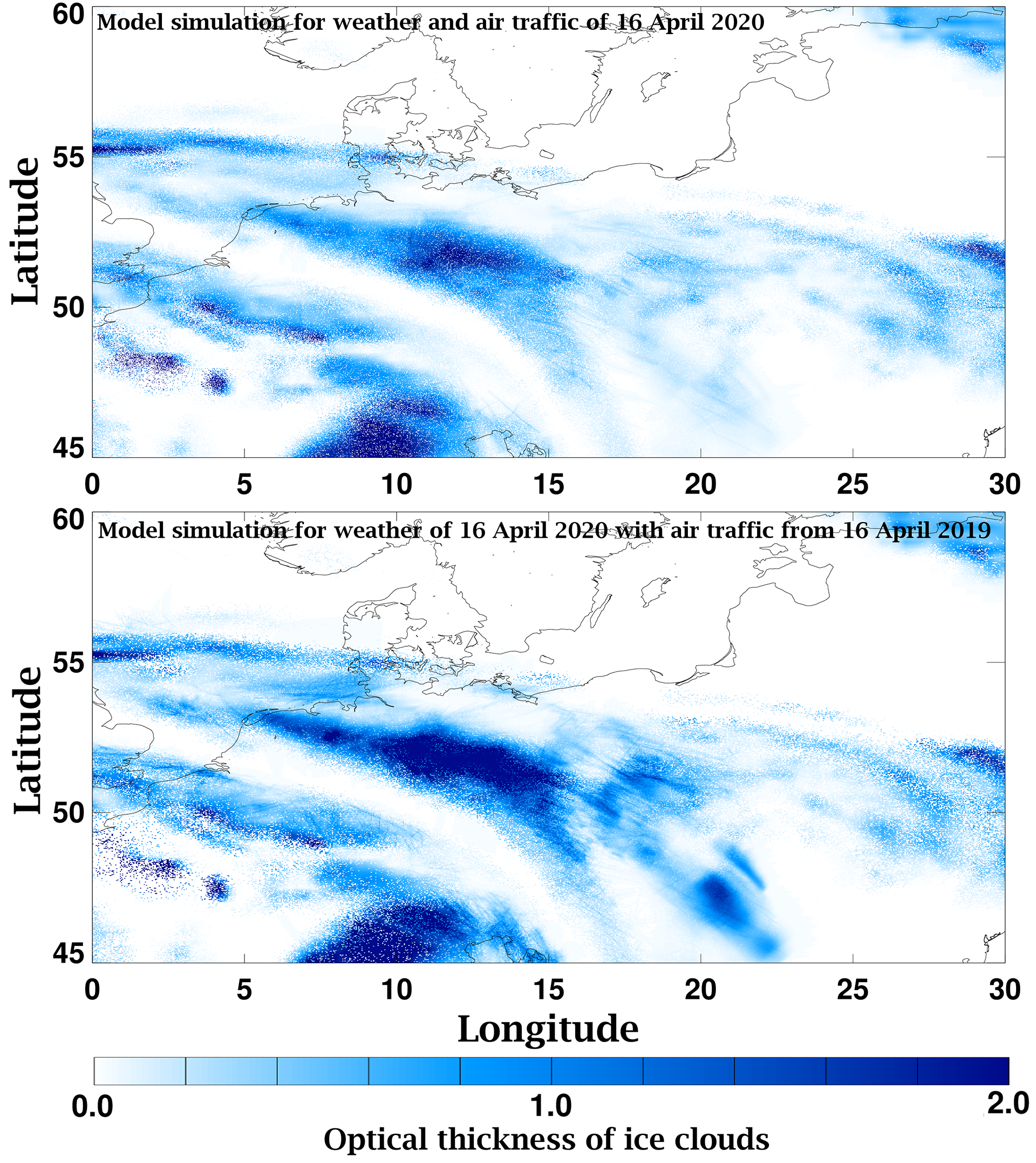 Comparison of condensation trail coverage on 16 April 2020 for different air traffic conditions (contrails graphically highlighted)