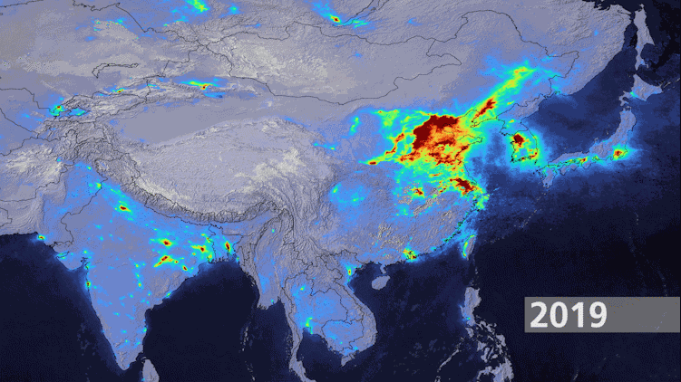 Comparison of Sentinel-5P recordings of nitrogen dioxide emissions over Asia between 2019 and 2020