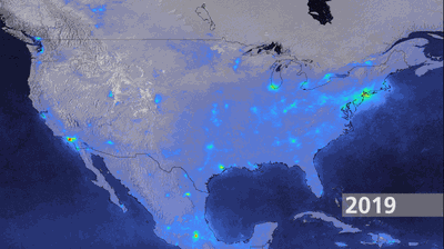 Comparison of nitrogen dioxide emissions in North America between March/April 2019 and 2020