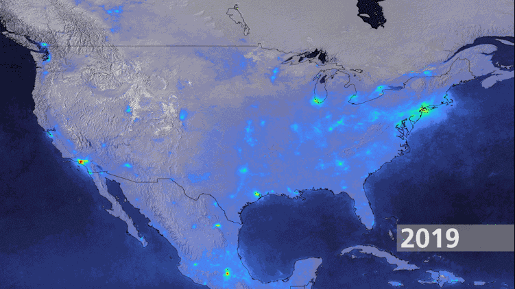 Comparison of nitrogen dioxide emissions in North America between March/April 2019 and 2020