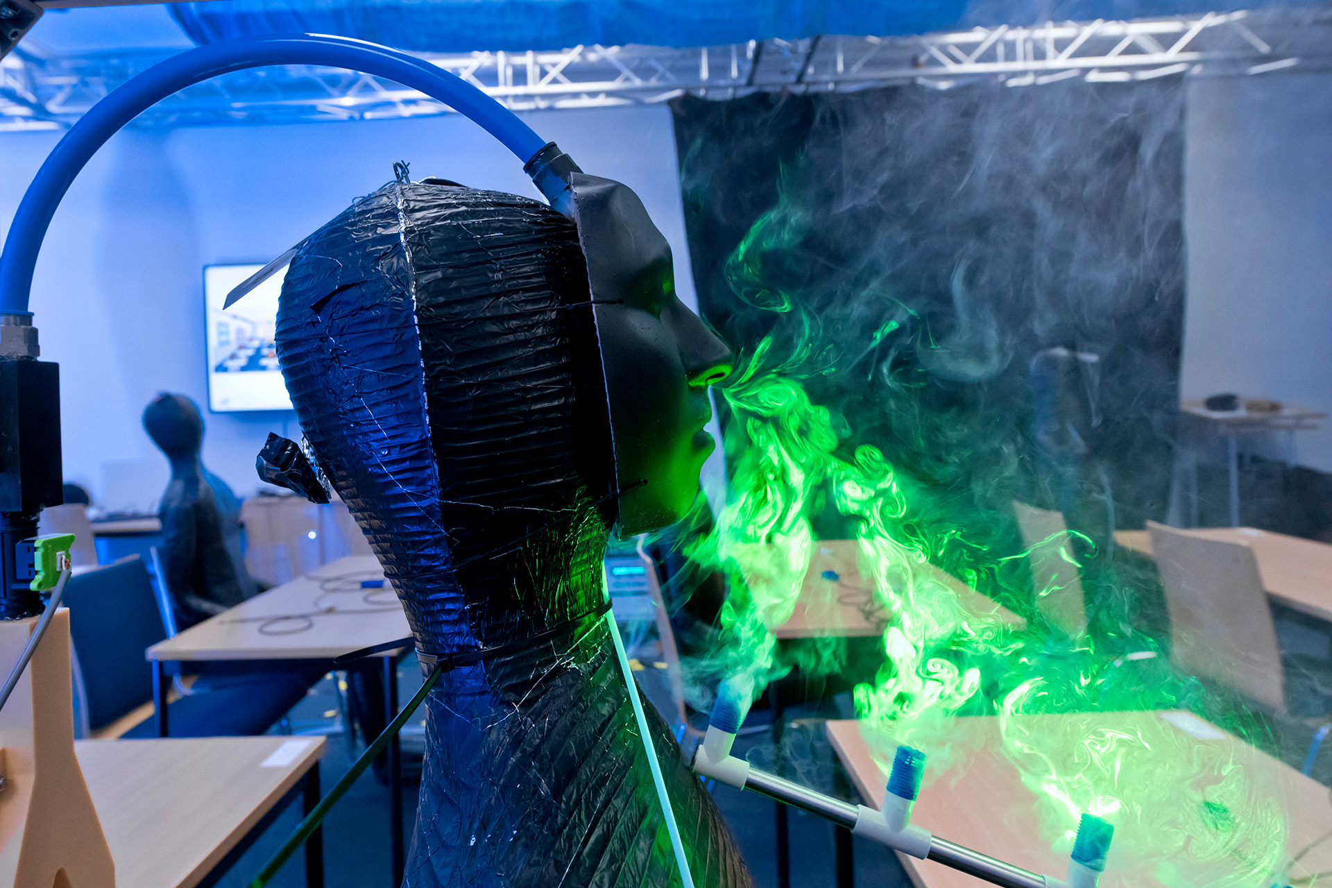 Mannequin with breathing simulator, ‘exhaling’.
