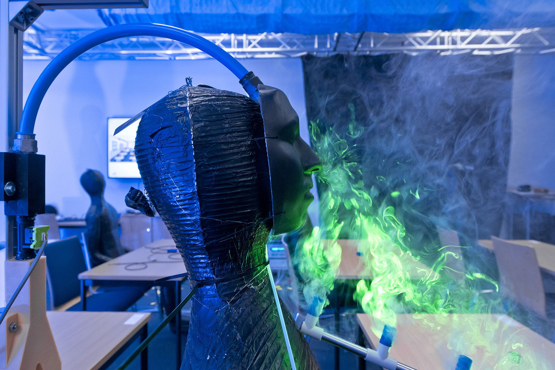 Mannequin with breathing simulator, ‘inhaling’.