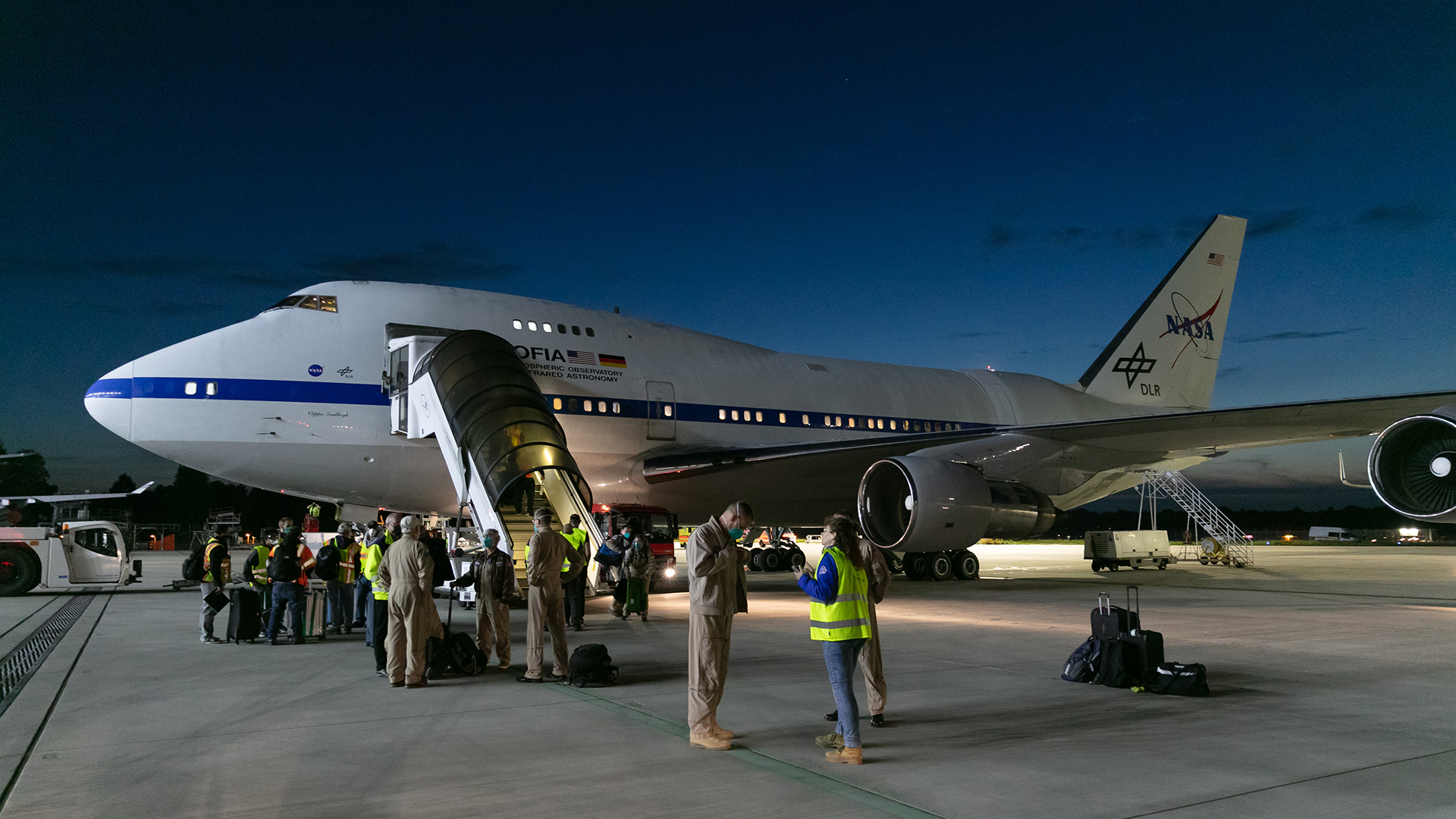 After a long flight, the crew has arrived
