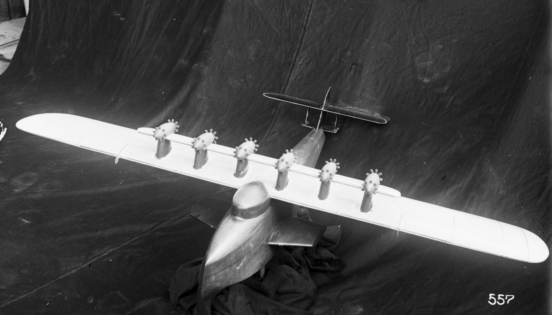 A small model of the enormous seaplane in the wind tunnel