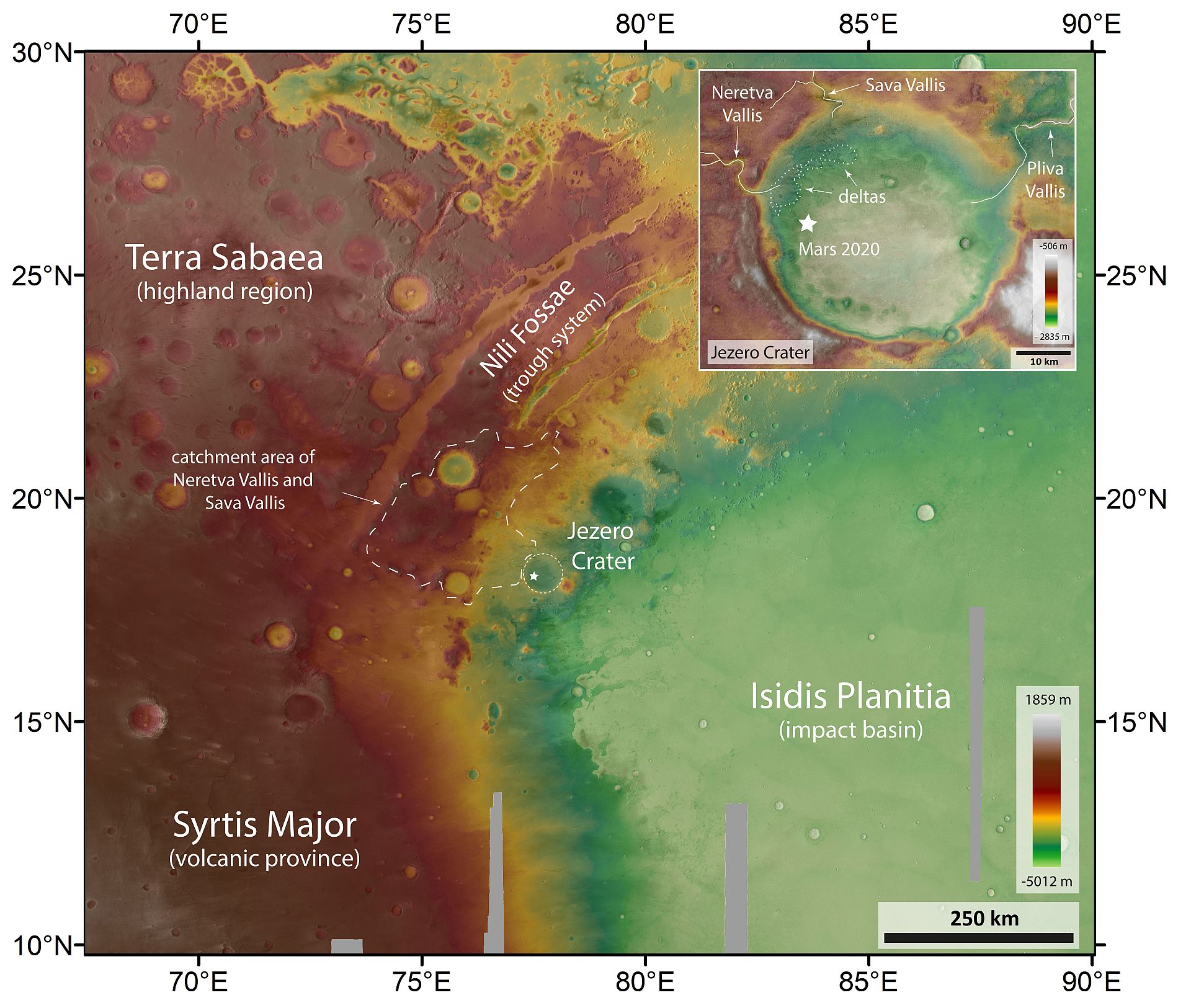 Topographic map of the surroundings of Jezero Crater