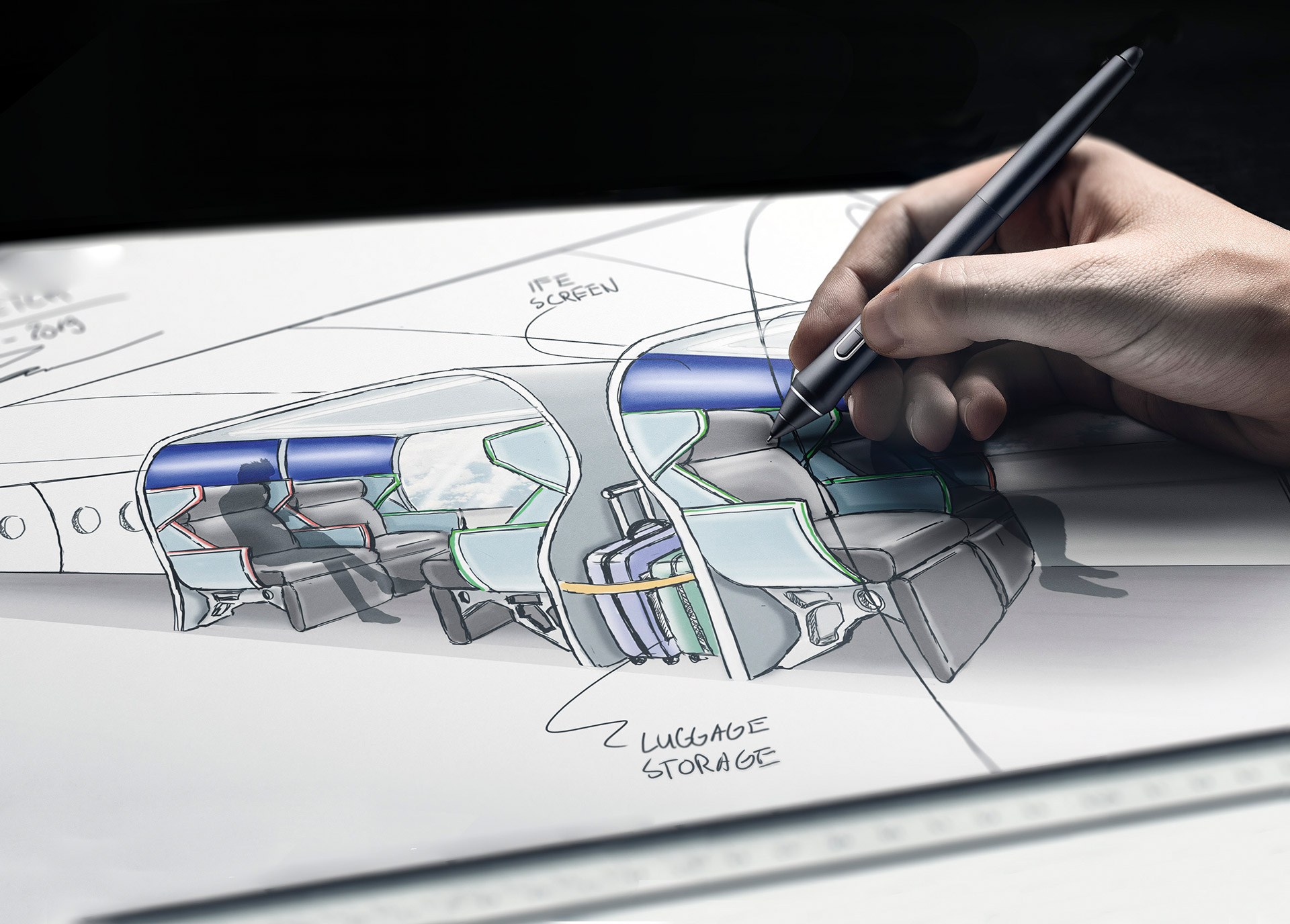 Digital sketch of the interior of an aircraft