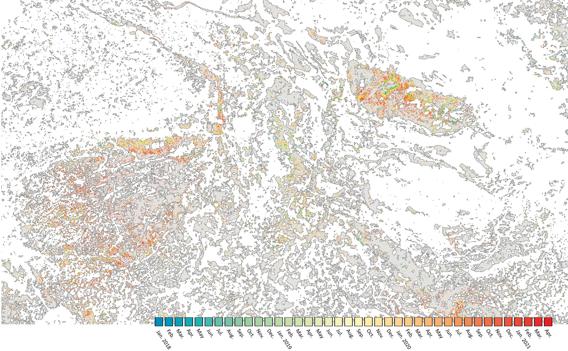 Map of the forest loss in central Germany in the dry years of 2018 to 2020, by comparison