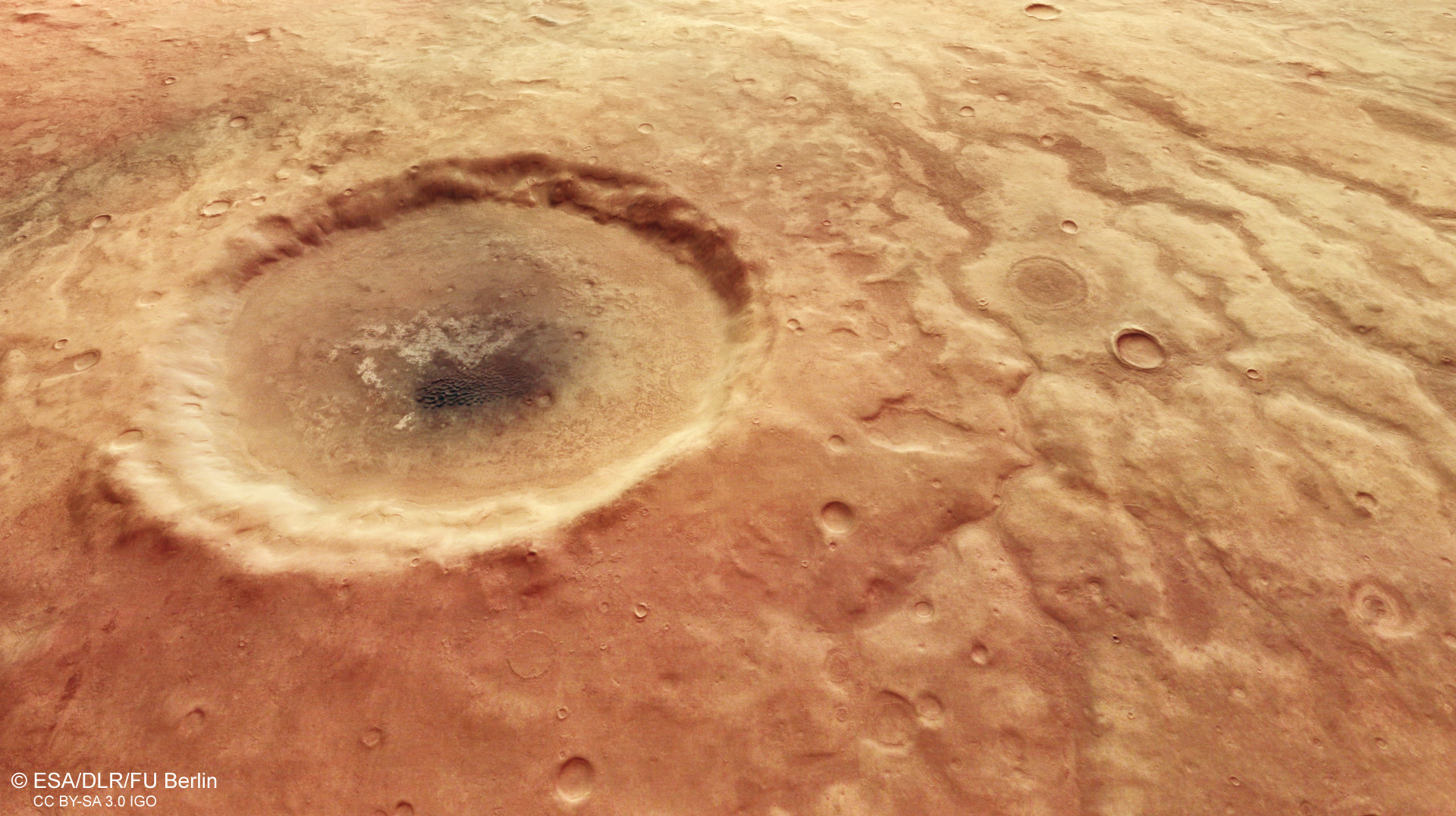 Perspective view from the east into a crater in the southern highlands of Mars
