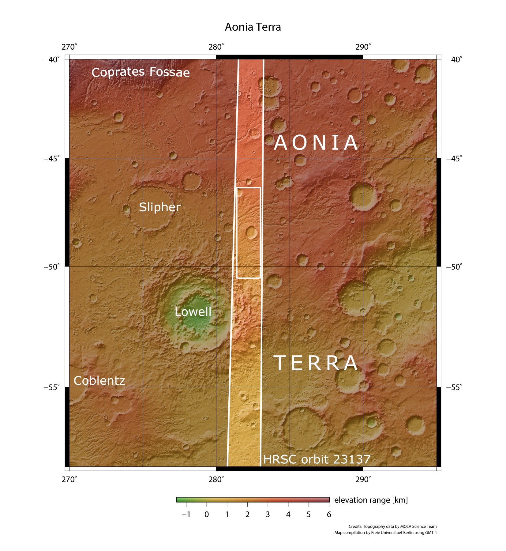 The ancient highland region of Aonia Terra in southern Mars
