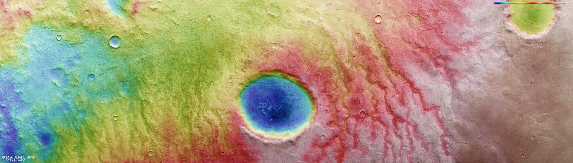 Colour-coded topographic map of part of the Aonia Terra region