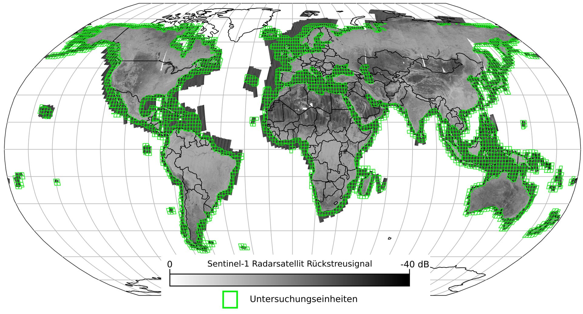 Global coverage of the Sentinel-1 radar mission and the offshore areas that were investigated