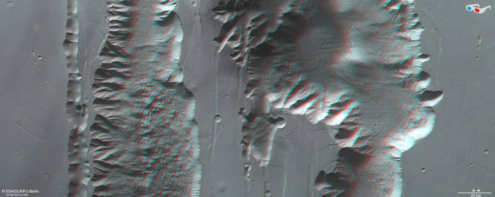 Anaglyph image of Tithonium and Ius Chasma