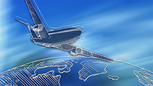 Graphic of an aircraft in front of the earth