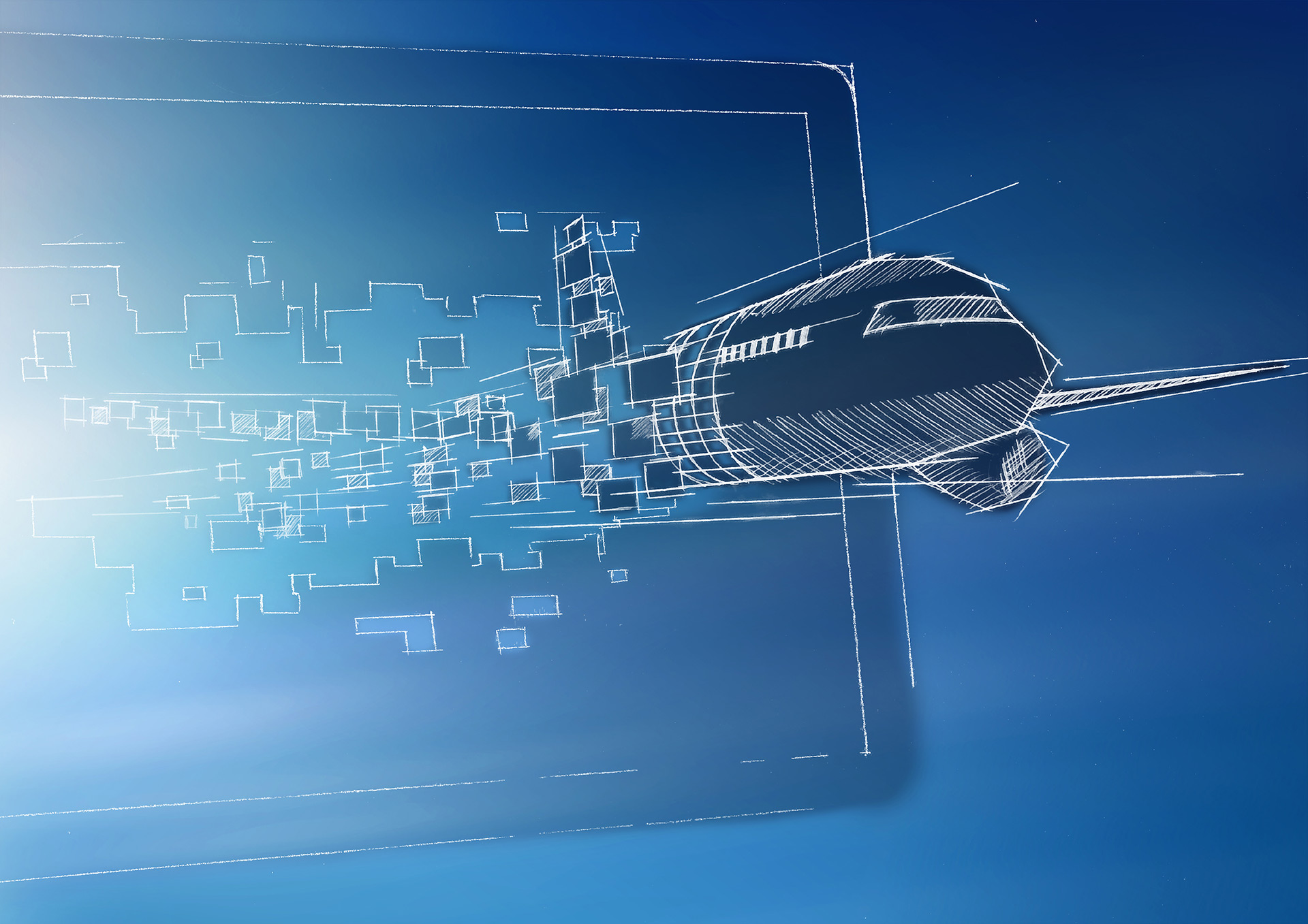 Sketch of an aircraft flyling ouf of a screen