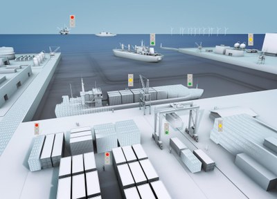 Visualisation of a traffic light system at and in front of a harbour