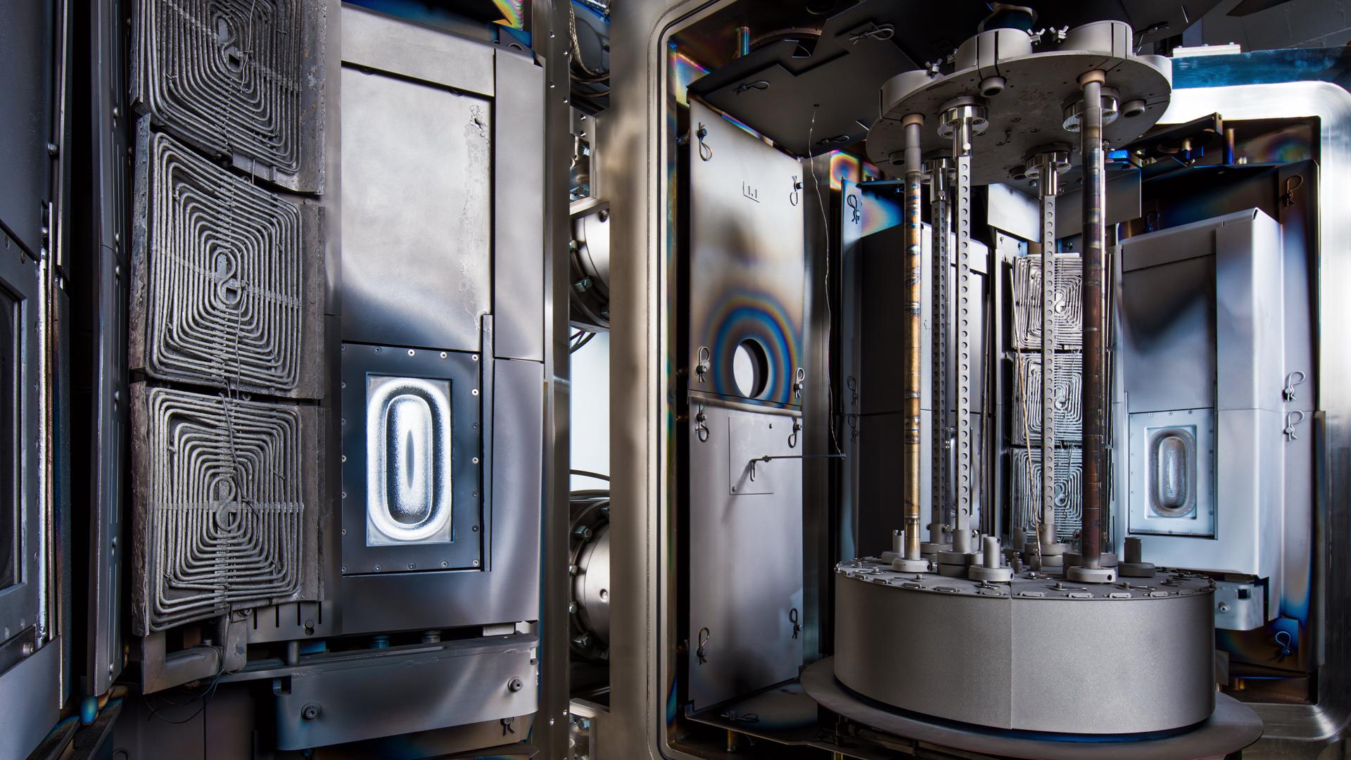 Interior view of the MEGA PVD system for sputtering protective and functional coatings for turbine components