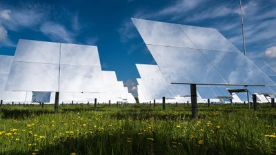 Mirror field of the solar tower Jülich: up to 2000 heliostats focus solar radiation to the top of the solar tower