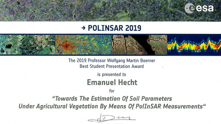 Emanuel Hecht received the Prof. Boerner Student Award at ESA's PolinSAR Workshop