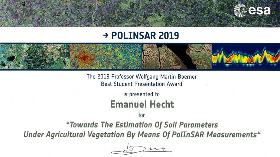 Emanuel Hecht received the Prof. Boerner Student Award at ESA's PolinSAR Workshop