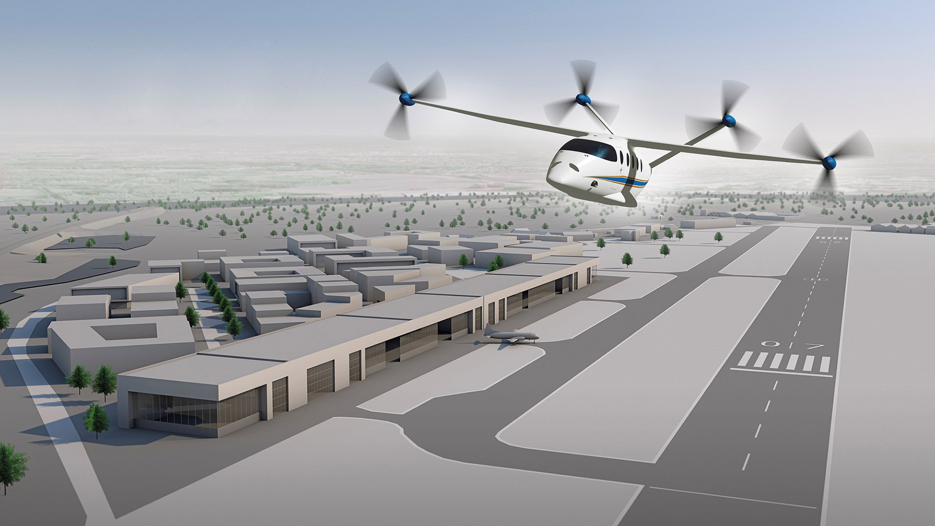 'HyBird' small aircraft concept over the Aachen Merzbrück airfield (illustration)