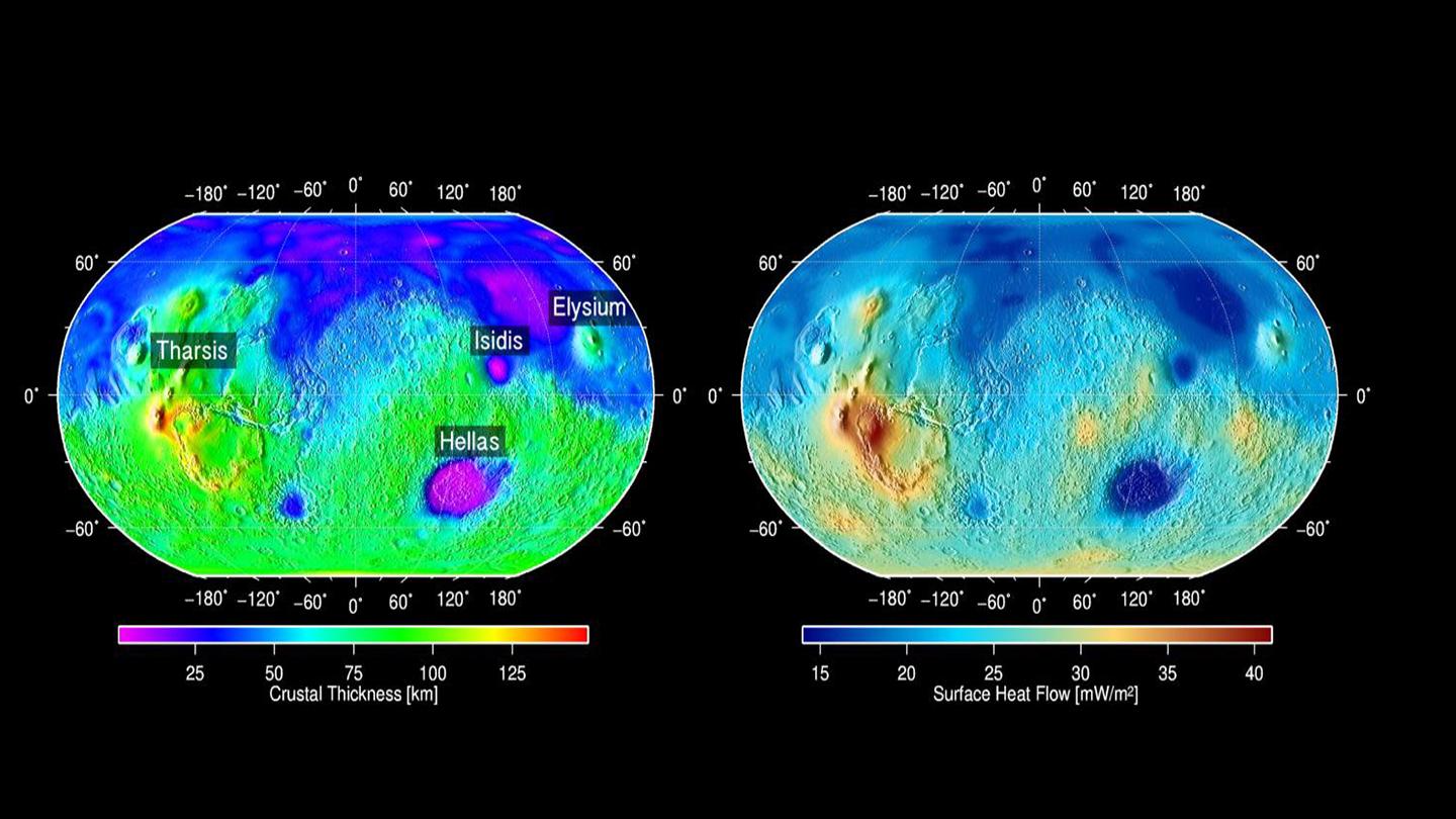 Maps of the crustal thickness and surface heat flow of Mars