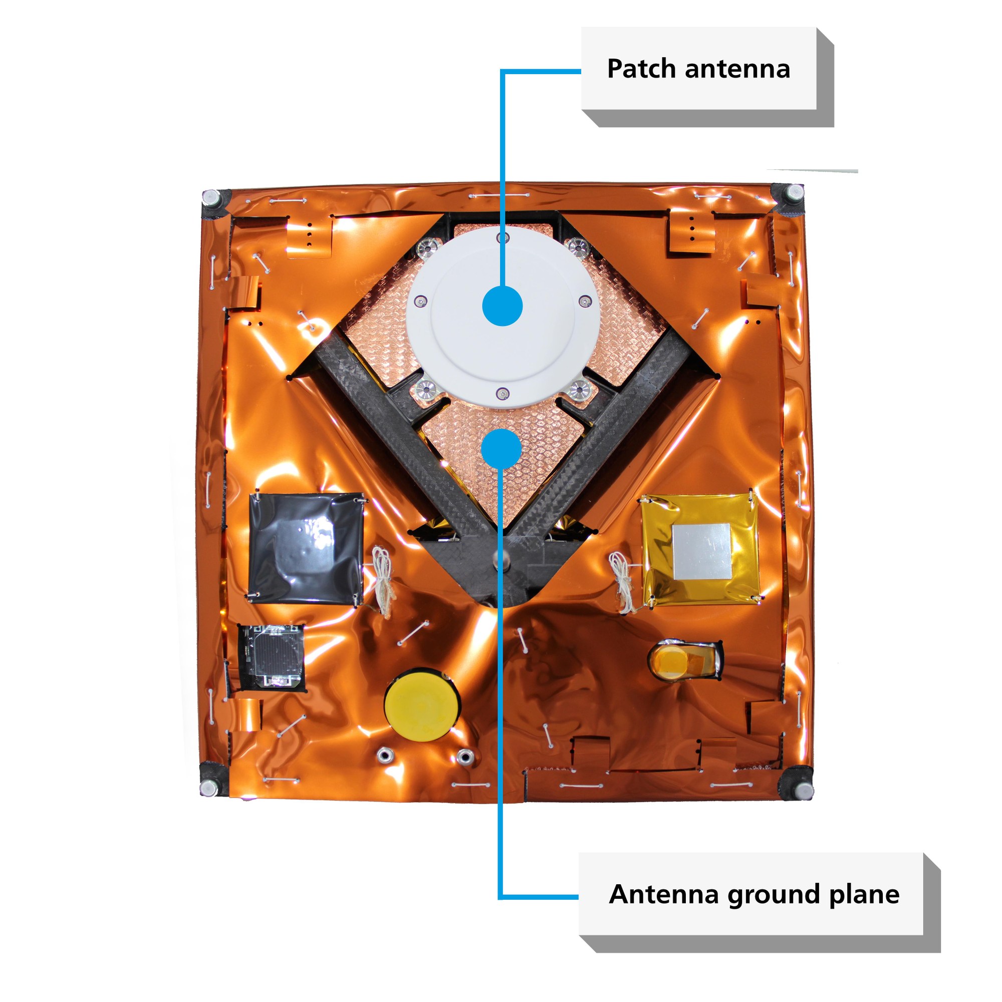 The antenna ground plane, specifically influencing the emission characteristics of the lower patch antenna, is also made of CFRP fabric