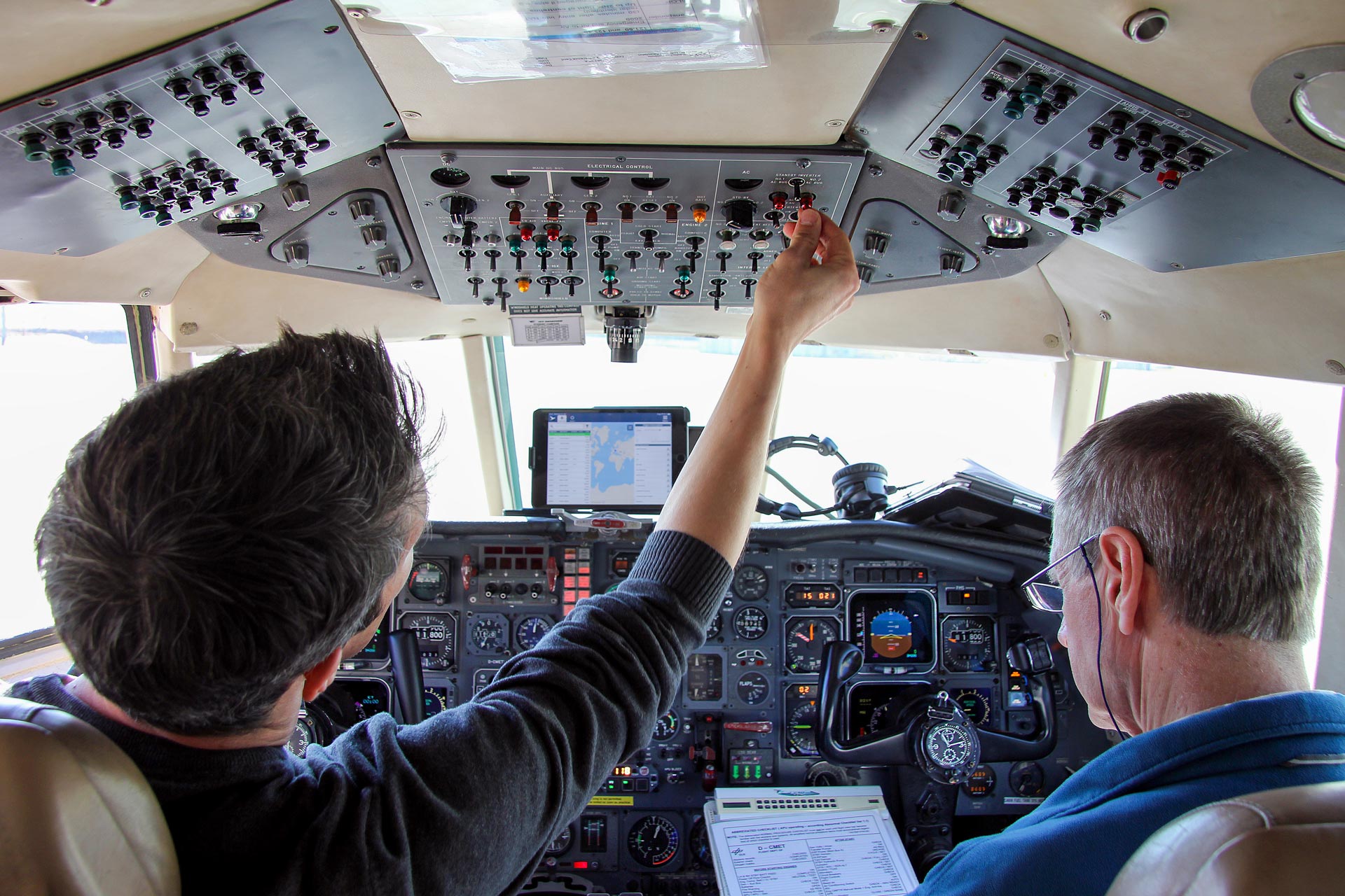 View into the flight deck of the Falcon 20E