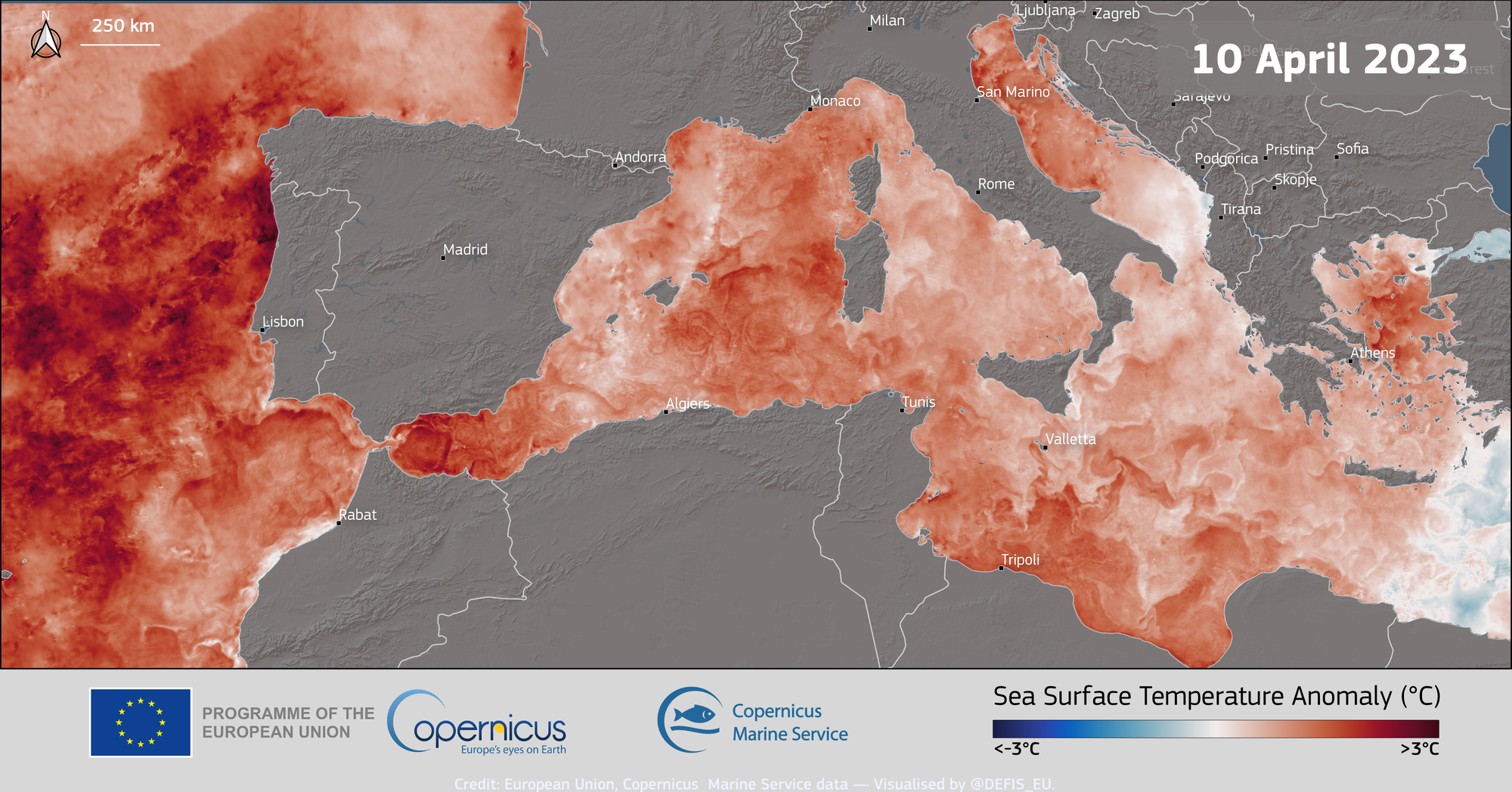 Sea surface temperature anomaly in the Mediterranean Sea and off the Atlantic coast of the Iberian Peninsula and North Africa