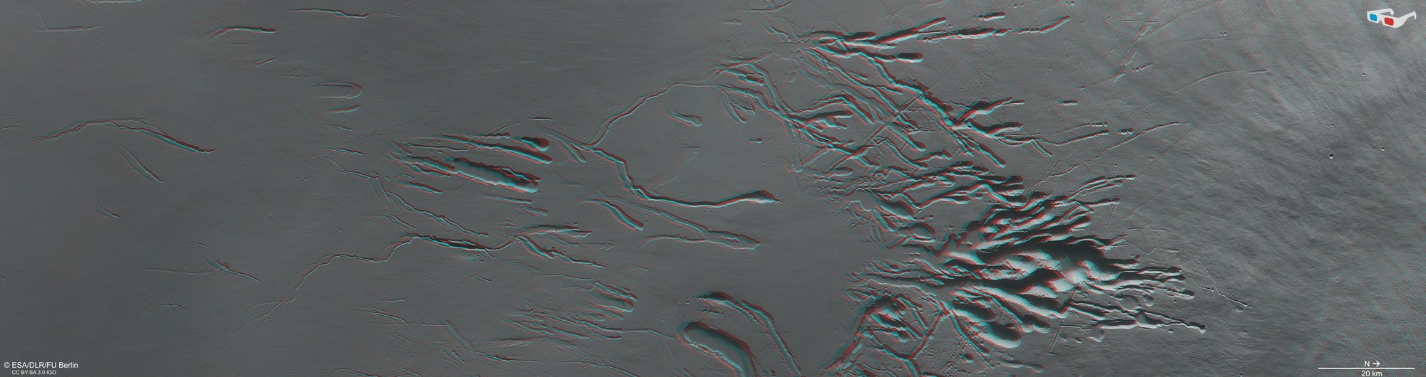 Anaglyph image of the south-west flank of Ascraeus Mons