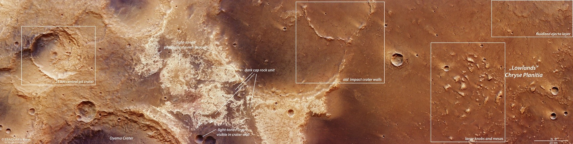 Geological structures in the outflow area of Mawrth Vallis