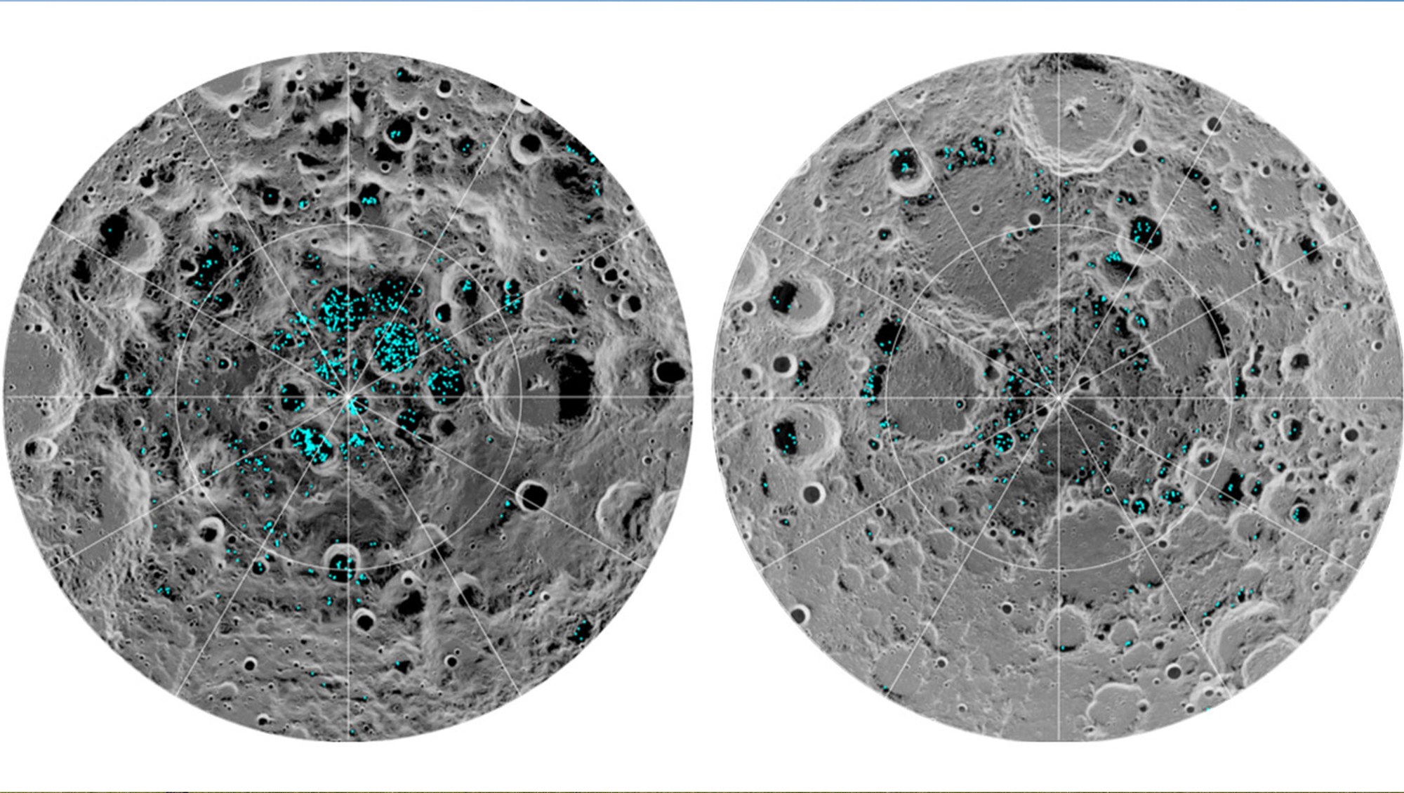 Distribution of ice at the South Pole (left) and North Pole (right) of the Moon