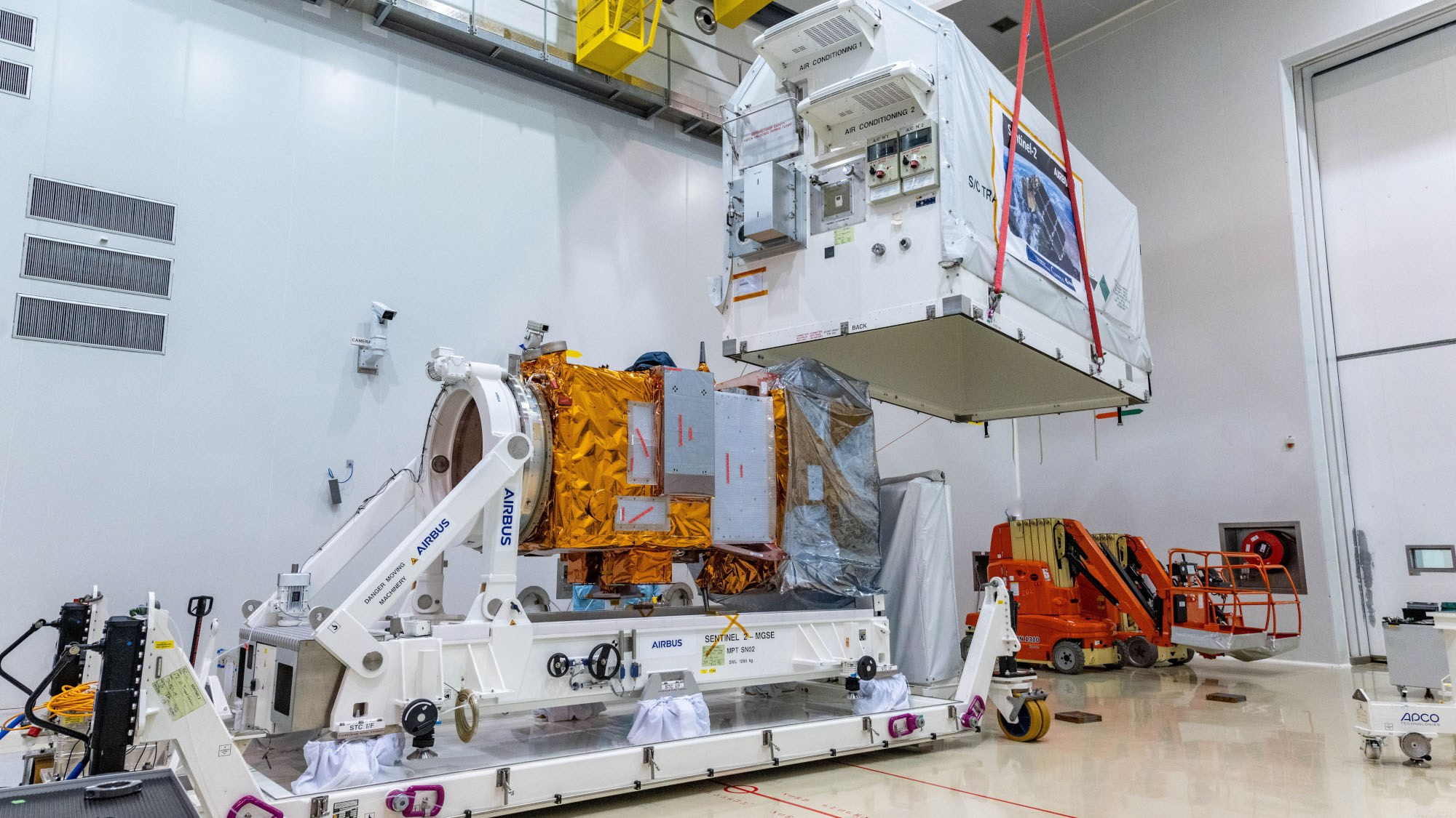 The Sentinel-2C satellite being lifted out of its transport container at Europe’s Spaceport in Kourou, French Guiana