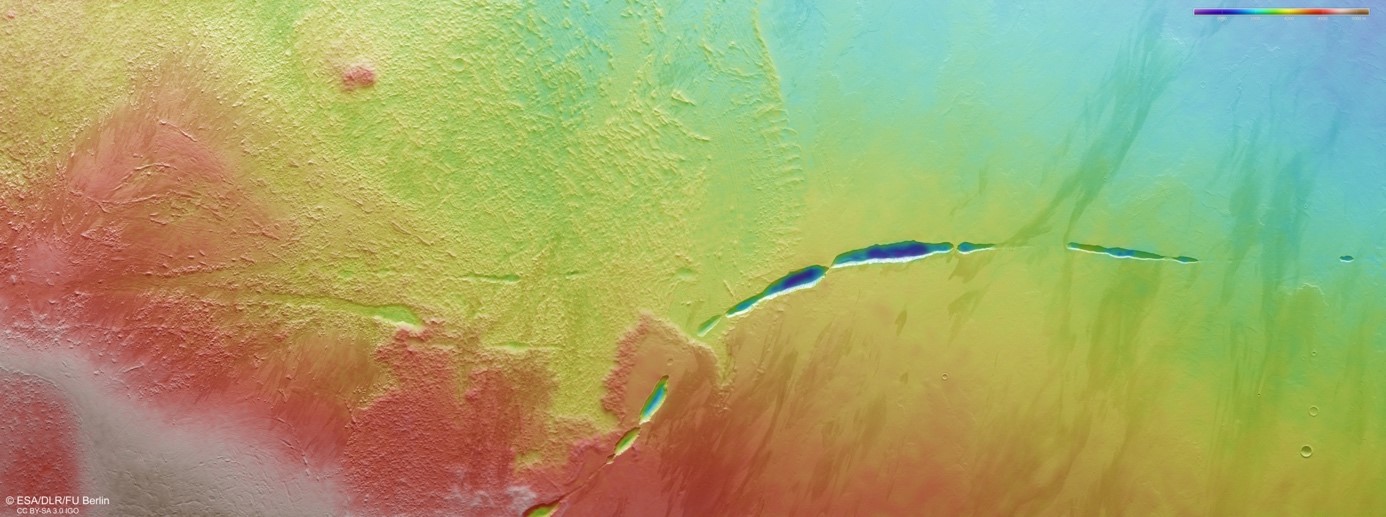 Topographical map of Aganippe Fossa at the volcano Arsia Mons