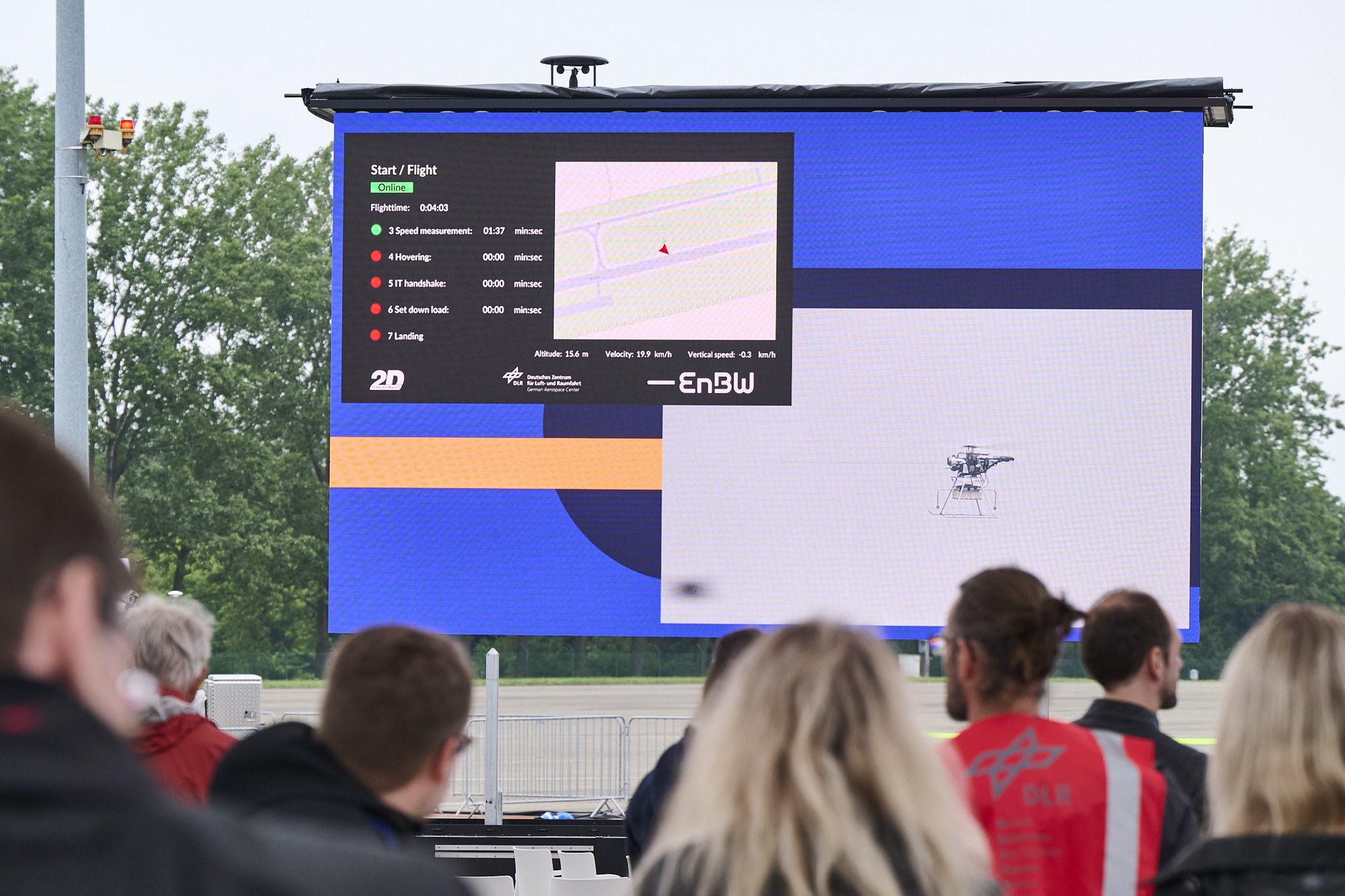 The audience follows a head-to-head flight competition