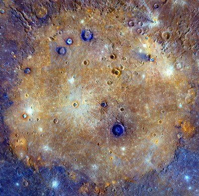 The Caloris impact basin in false colours from the MESSENGER mission