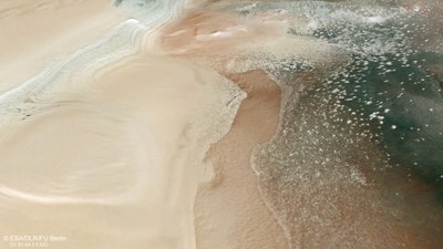 Perspective view from the east on the transition from layered deposits to exposures of patterned soil