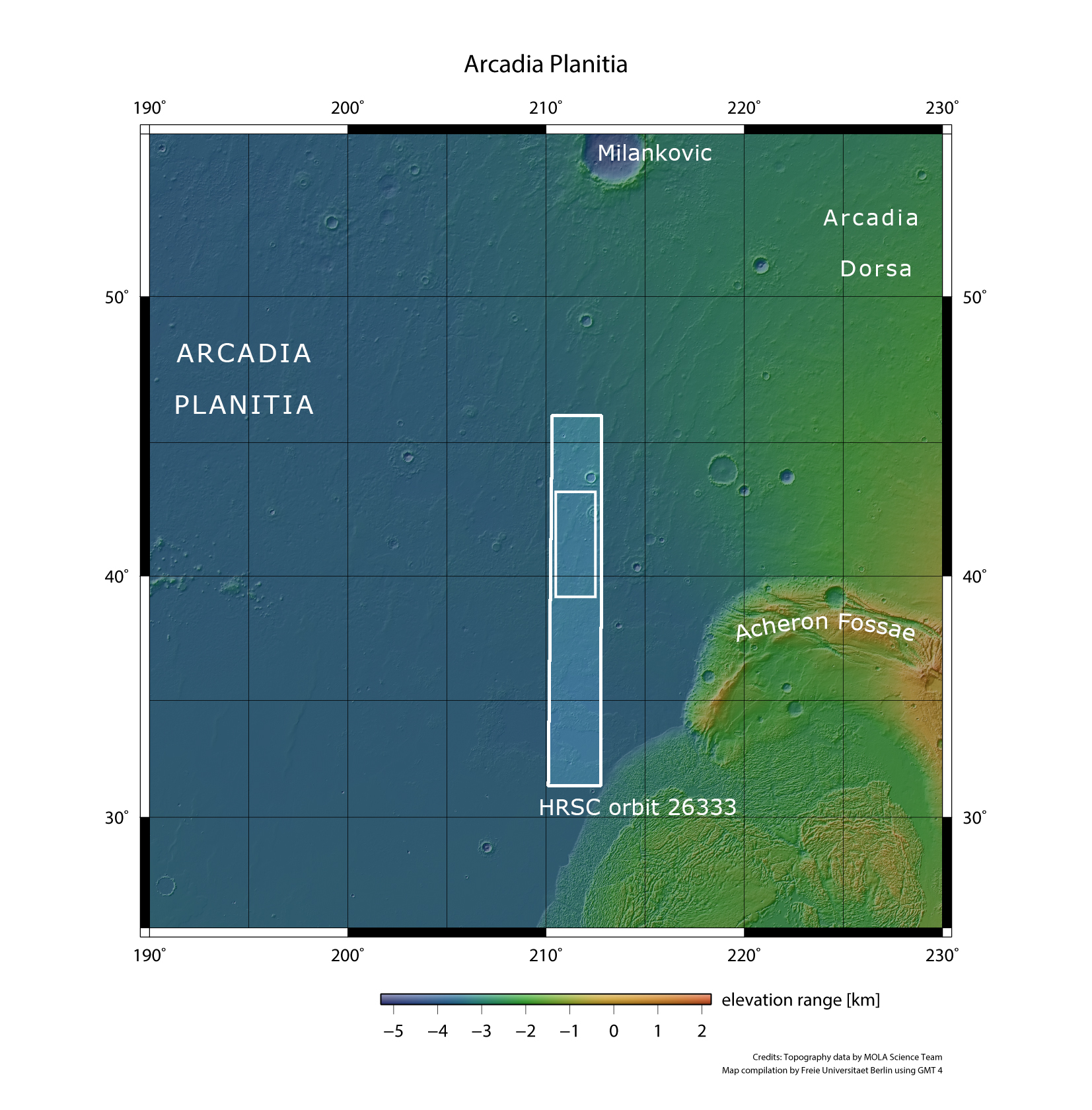 Topographical overview showing the location of Arcadia Planitia