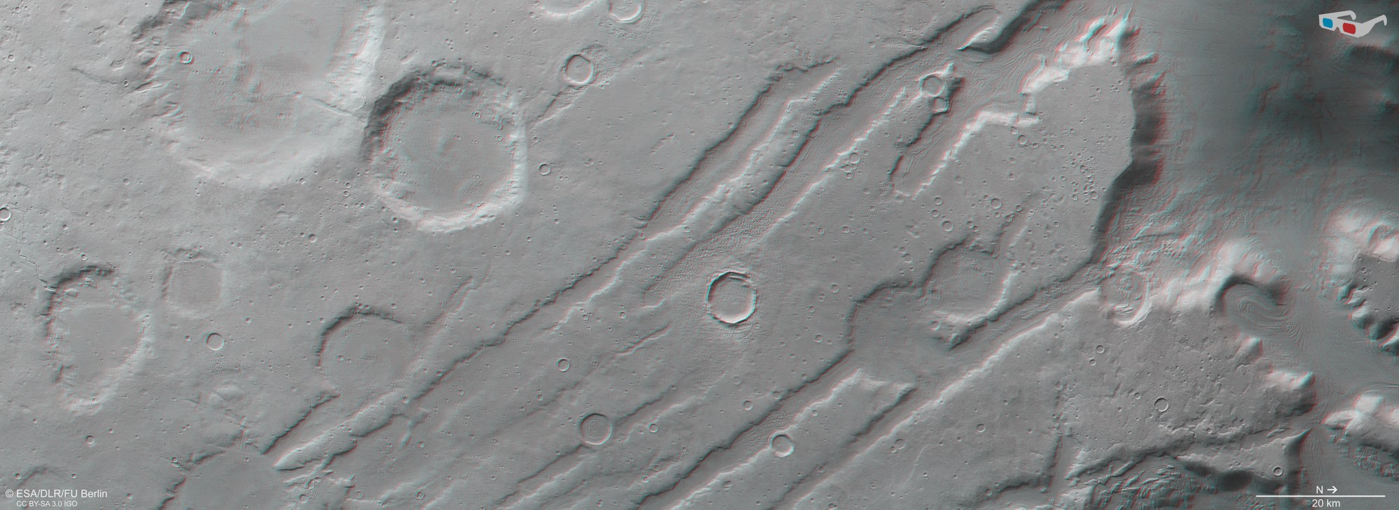 3D anaglyph image of the Coloe Fossae region