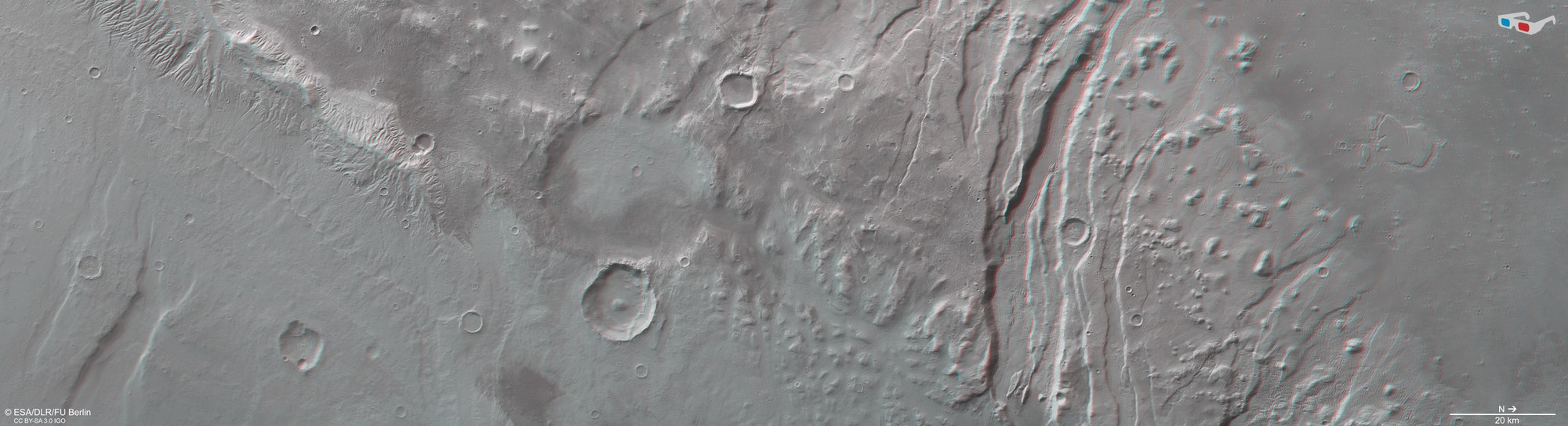3D anaglyph image of western Acheron Fossae region
