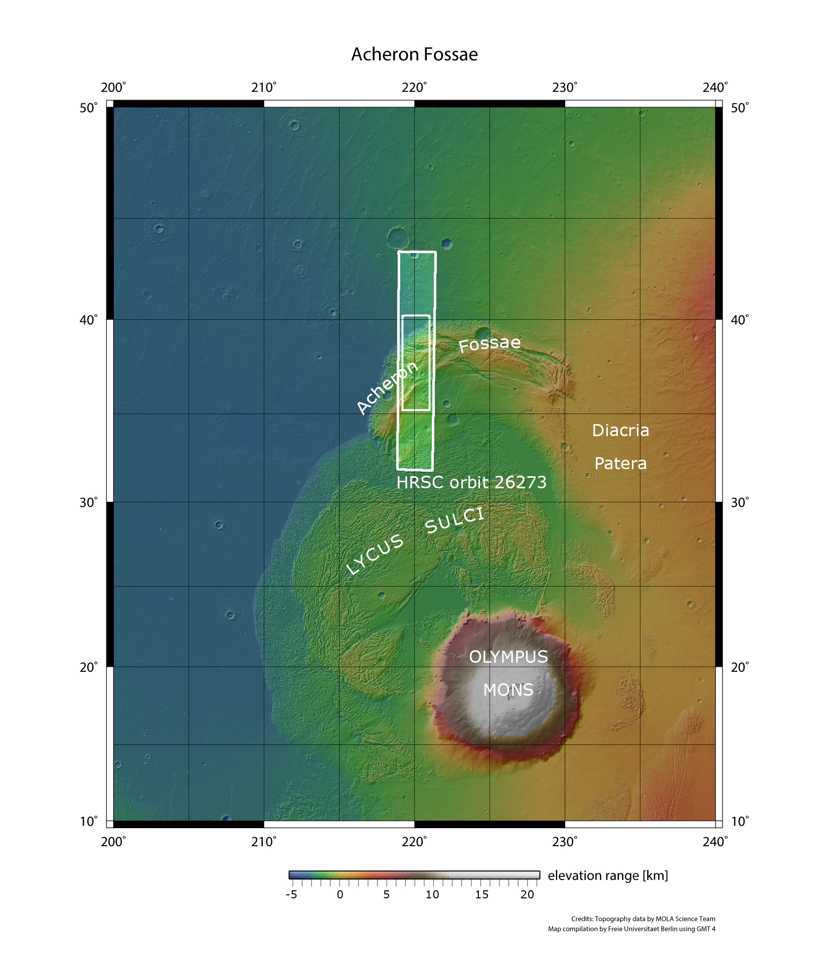 The western Acheron Fossae region north of Olympus Mons