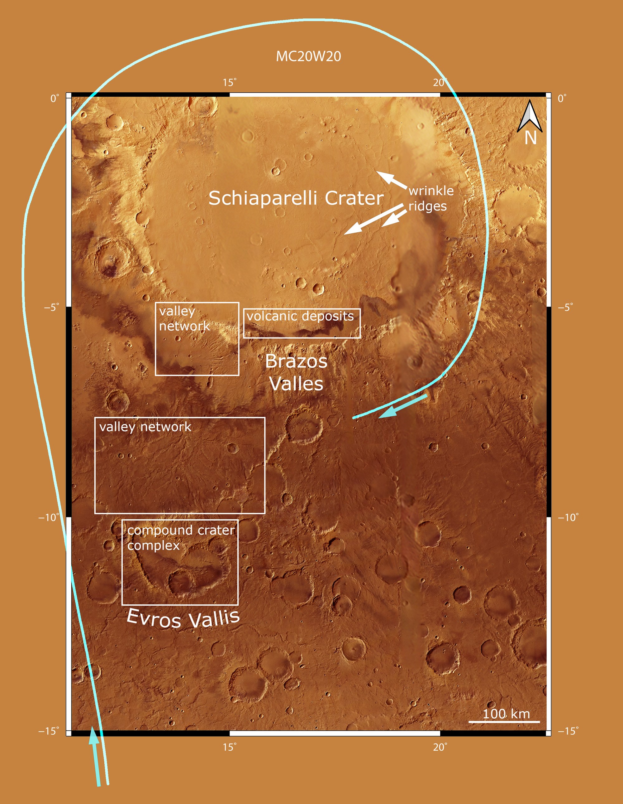 Route of the virtual flight over Schiaparelli and the surrounding regions of Mars