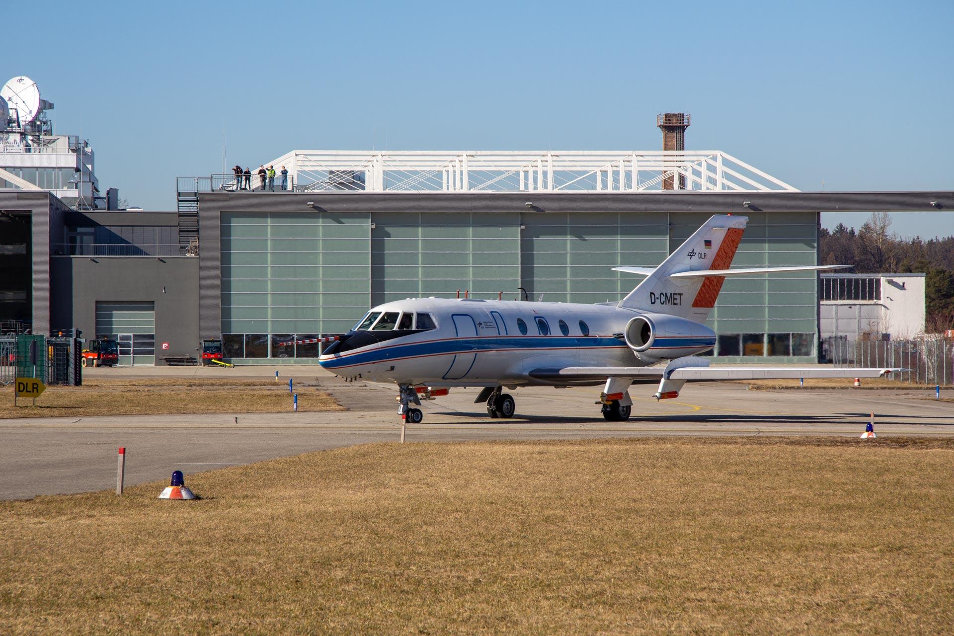 The Falcon 20E takes off on a research flight from Oberpfaffenhofen, Germany