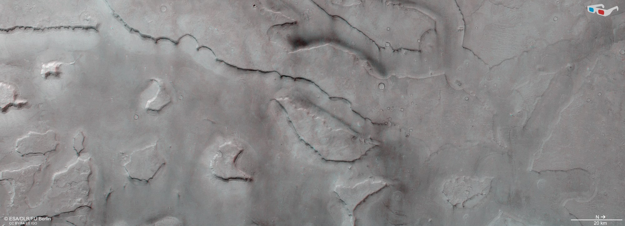 3D (anaglyph) image of the mouth of Mamers Valles on Mars