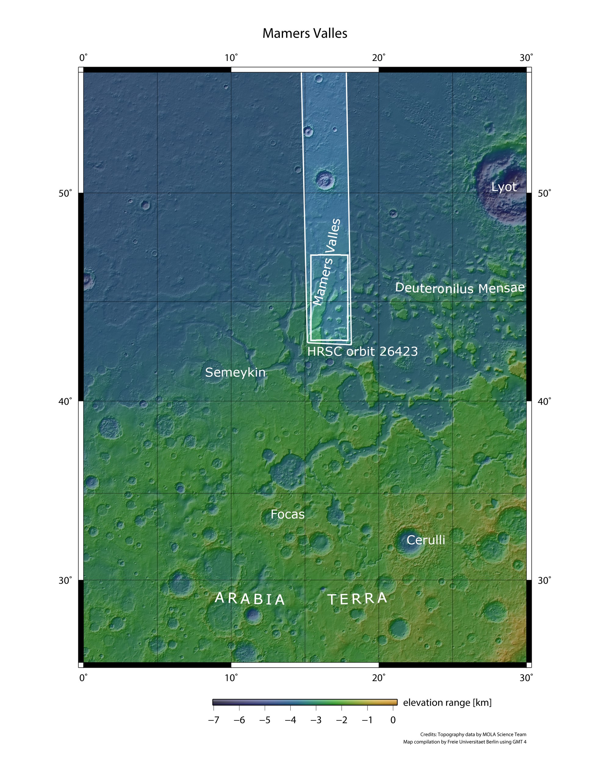 Topographical overview map of the Arabia Terra region of Mars, featuring the Mamers Valles