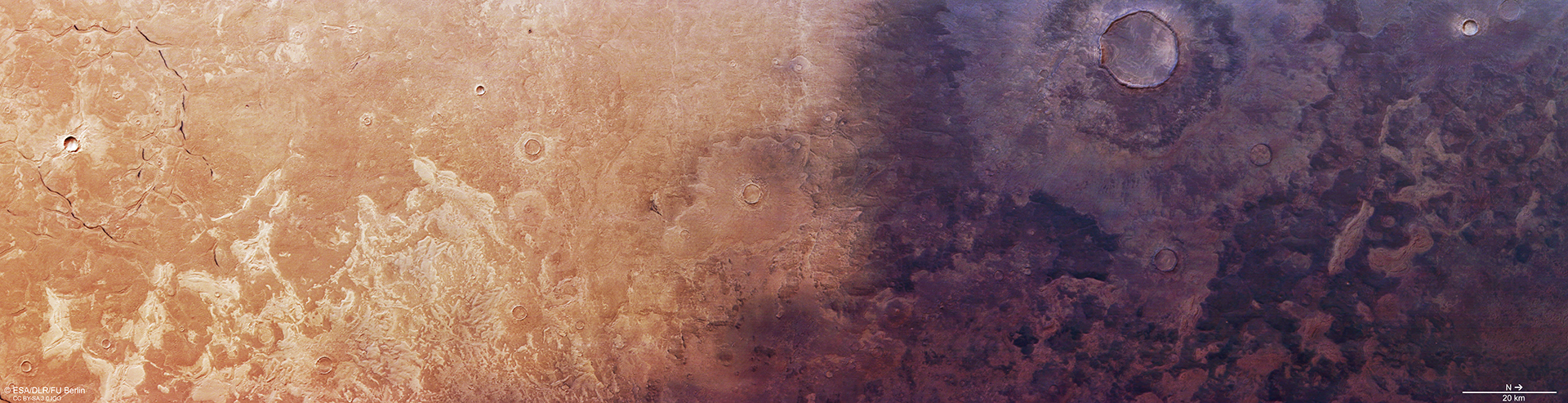 Typical oxidised Martian landscape and ash-covered regions in Utopia Planitia