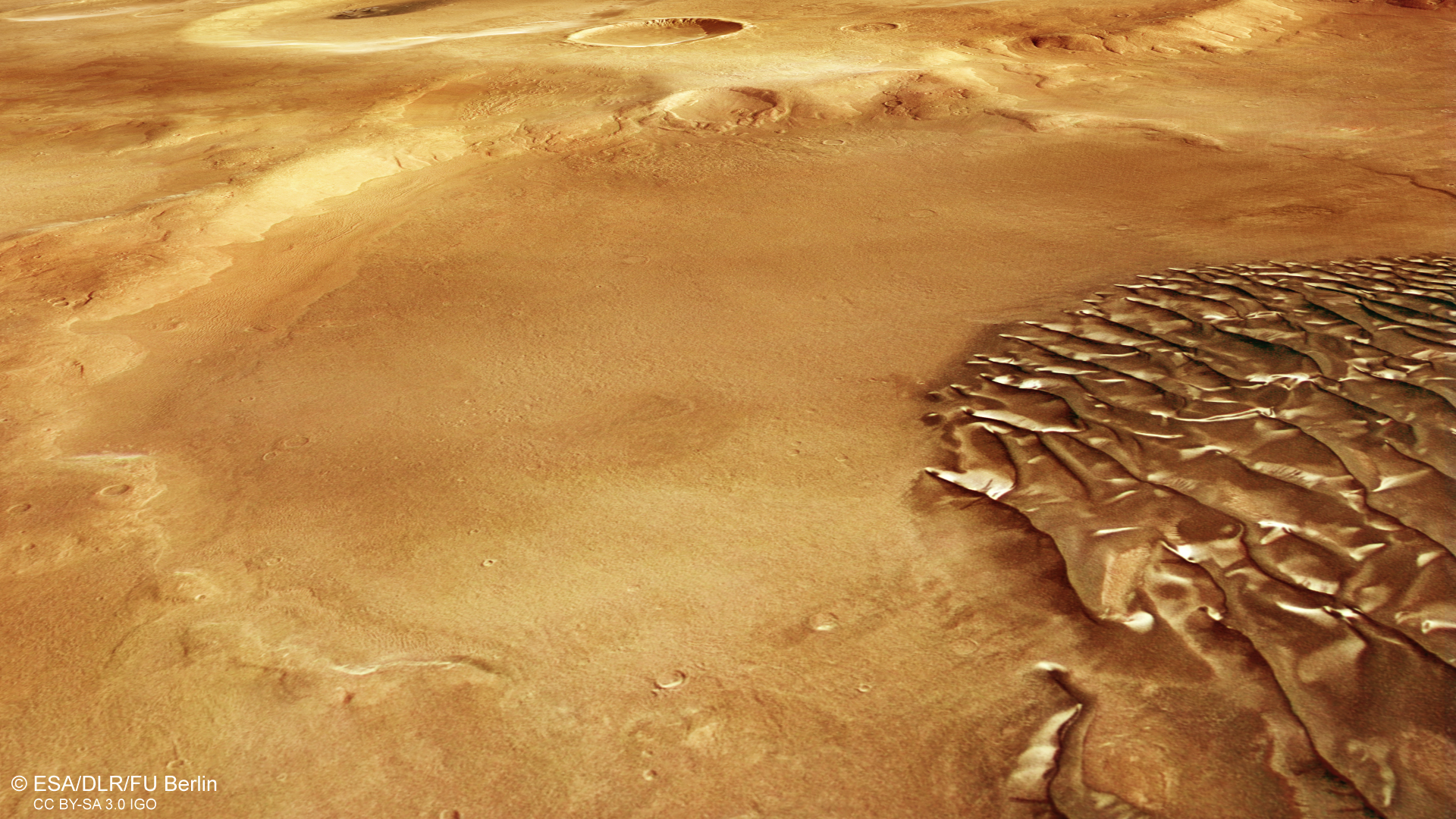 Dune field with hoarfrost in an ancient, eroded Martian crater