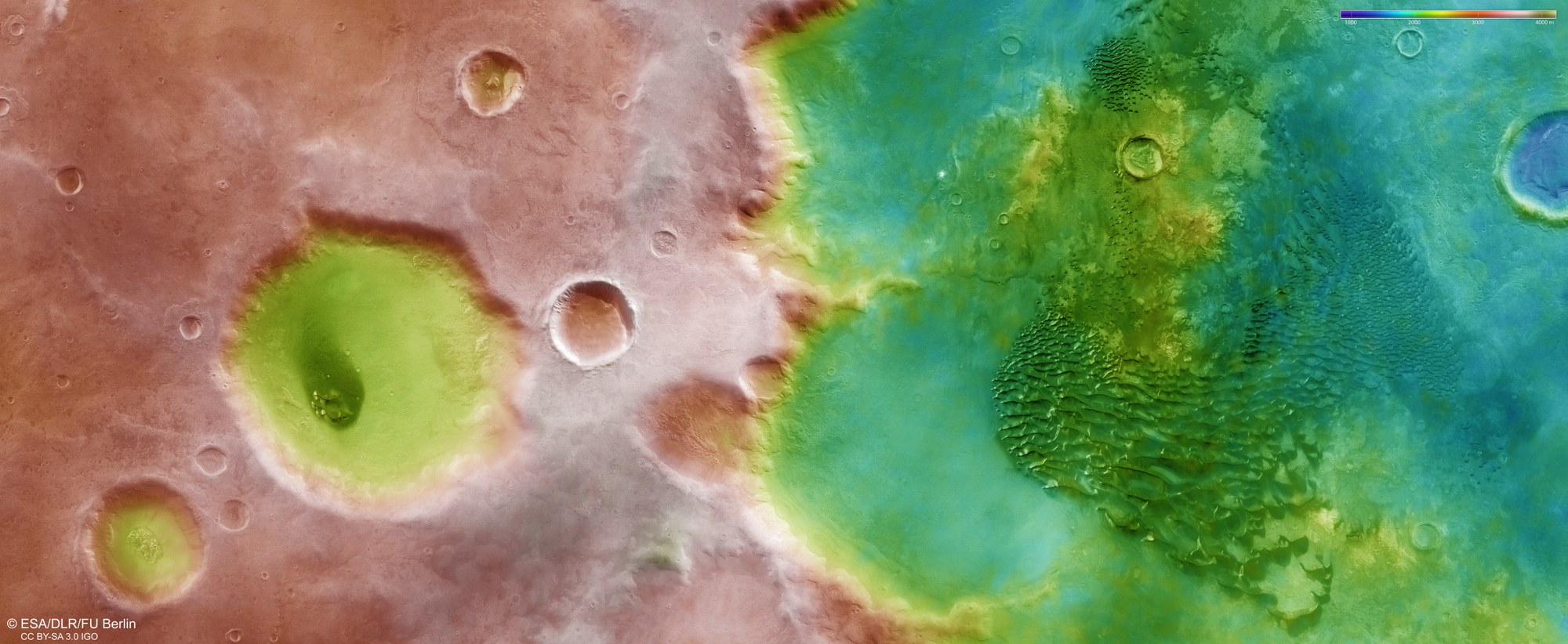 Topographic map of the southern part of Kaiser Crater on Mars