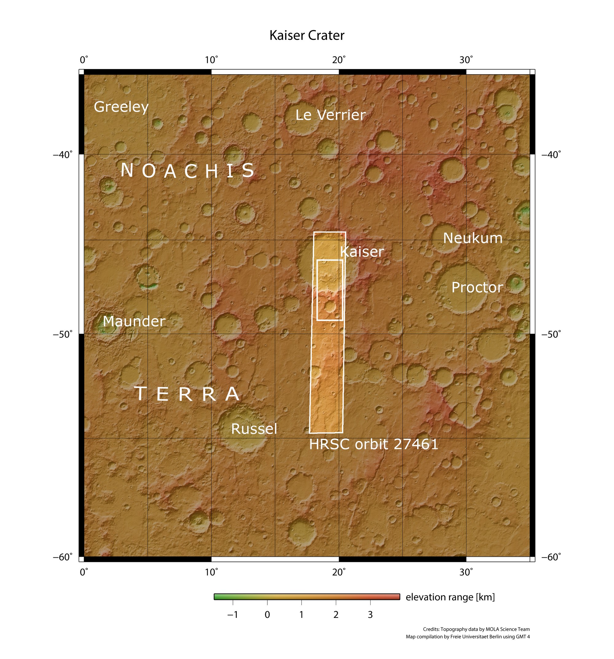 Topographic overview map of Noachis Terra on Mars, showing Kaiser Crater