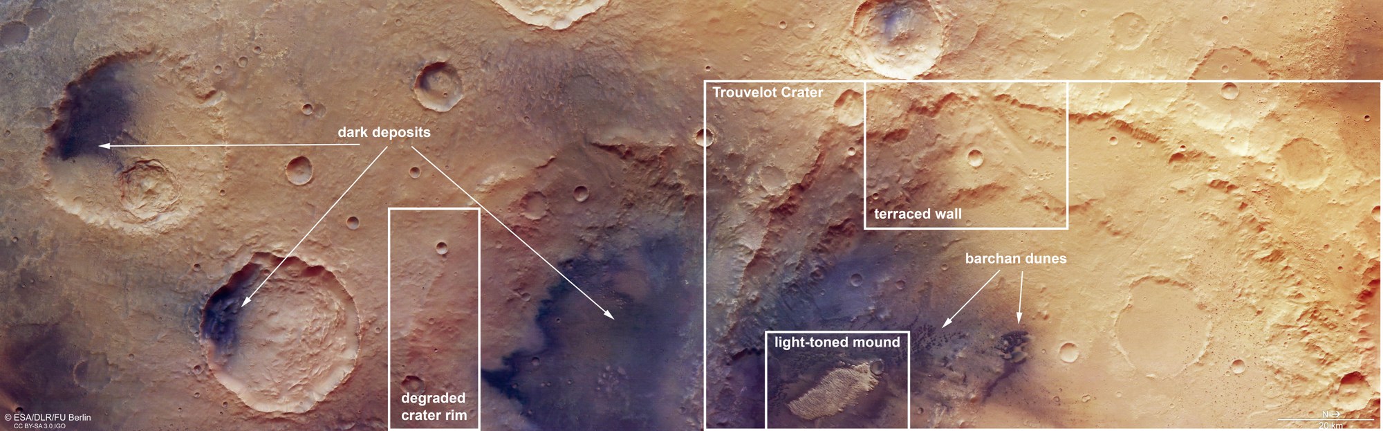 Landscape features in Trouvelot Crater and its surroundings