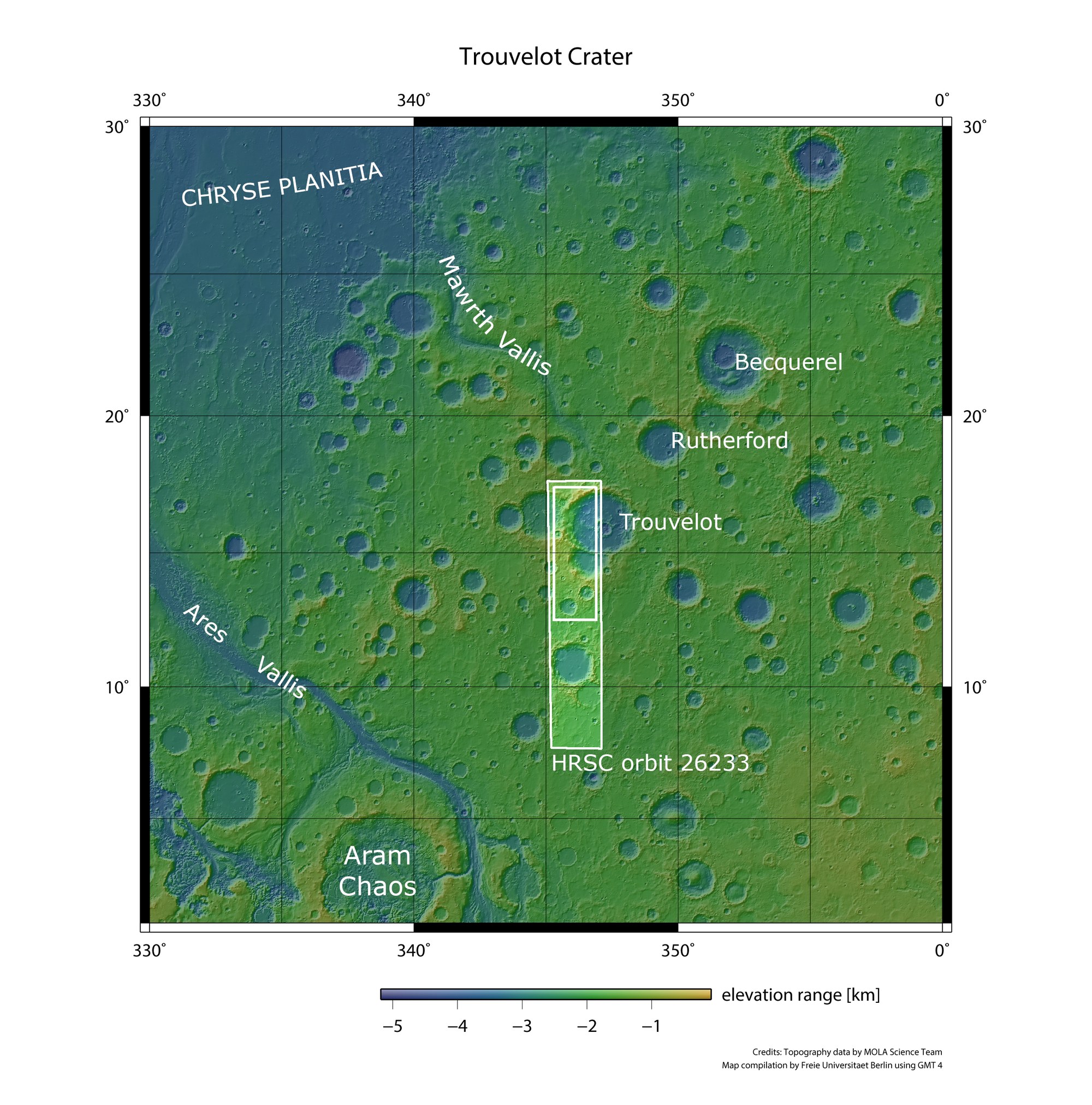 Topographic overview map of the Arabia Terra region on Mars, featuring Trouvelot Crater